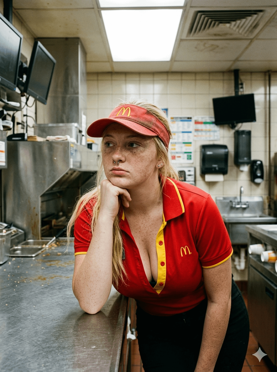A woman with freckles wearing a red polo shirt leans on a stainless steel kitchen counter, bored expression in fast-food kitchen.