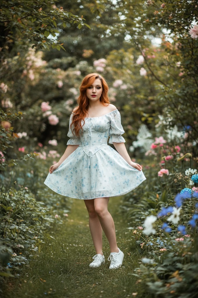 A young woman in a white and light-blue boho dress striking a pose in a lush garden, showcasing soft beauty and motion blur.