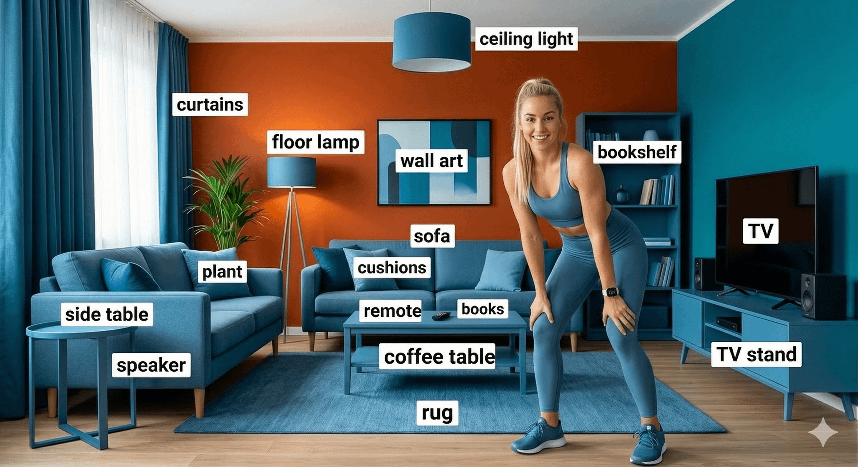 Blue Workout Attire Modern Hotel Living Room reference photo