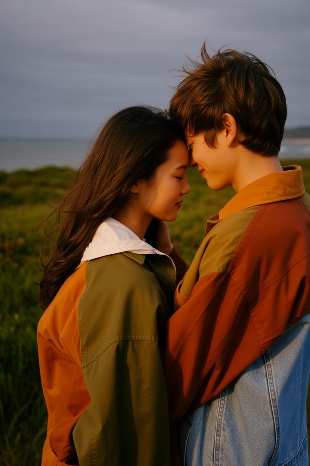 Ocean Field Couple Embrace reference photo
