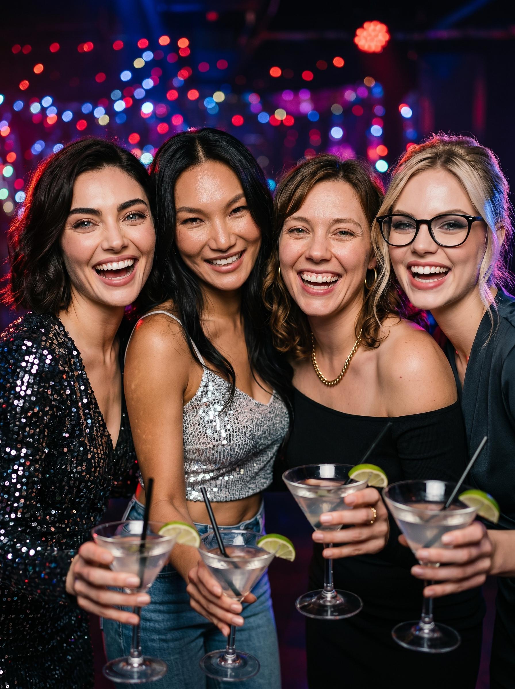 Laughing Women Martini Glasses Colorful Bokeh Party Scene