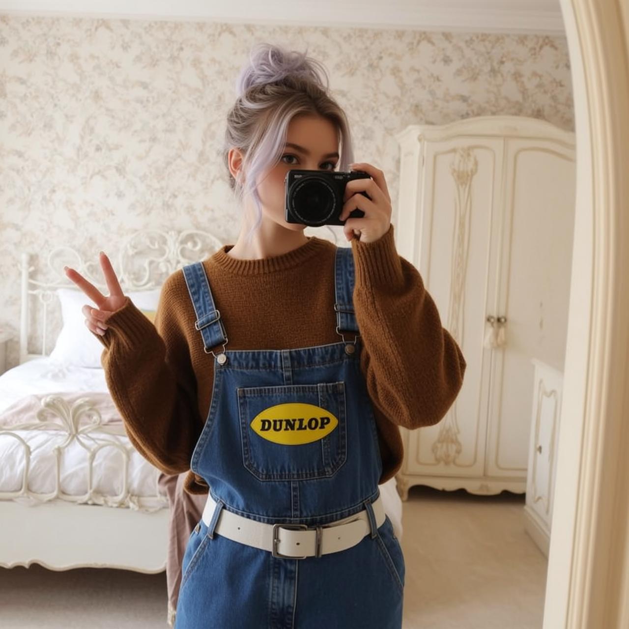 Bedroom Selfie Brown Sweater Peace Sign Camera reference photo