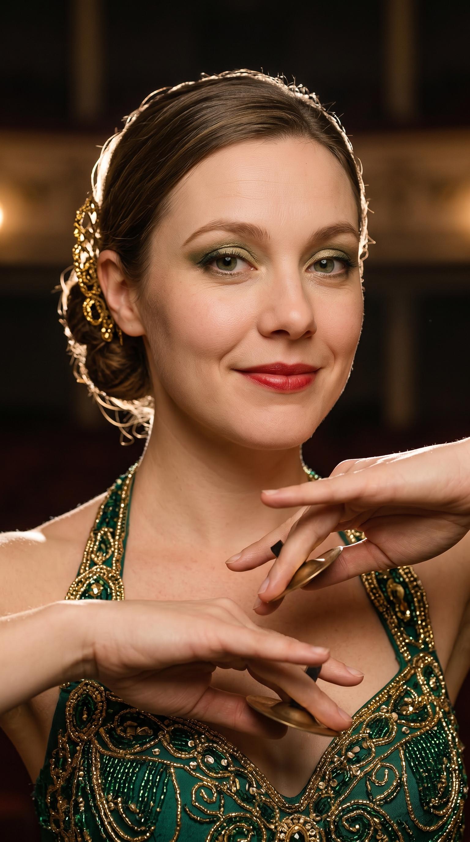 Close-up portrait of a dancer mid-performance, warm backlight highlighting delicate jewelry and expressions.