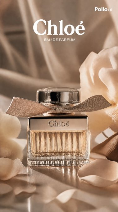 Close-up shot of a rectangular glass perfume bottle with vertical fluting, filled with golden liquid and tied with a rose-gold ribbon.