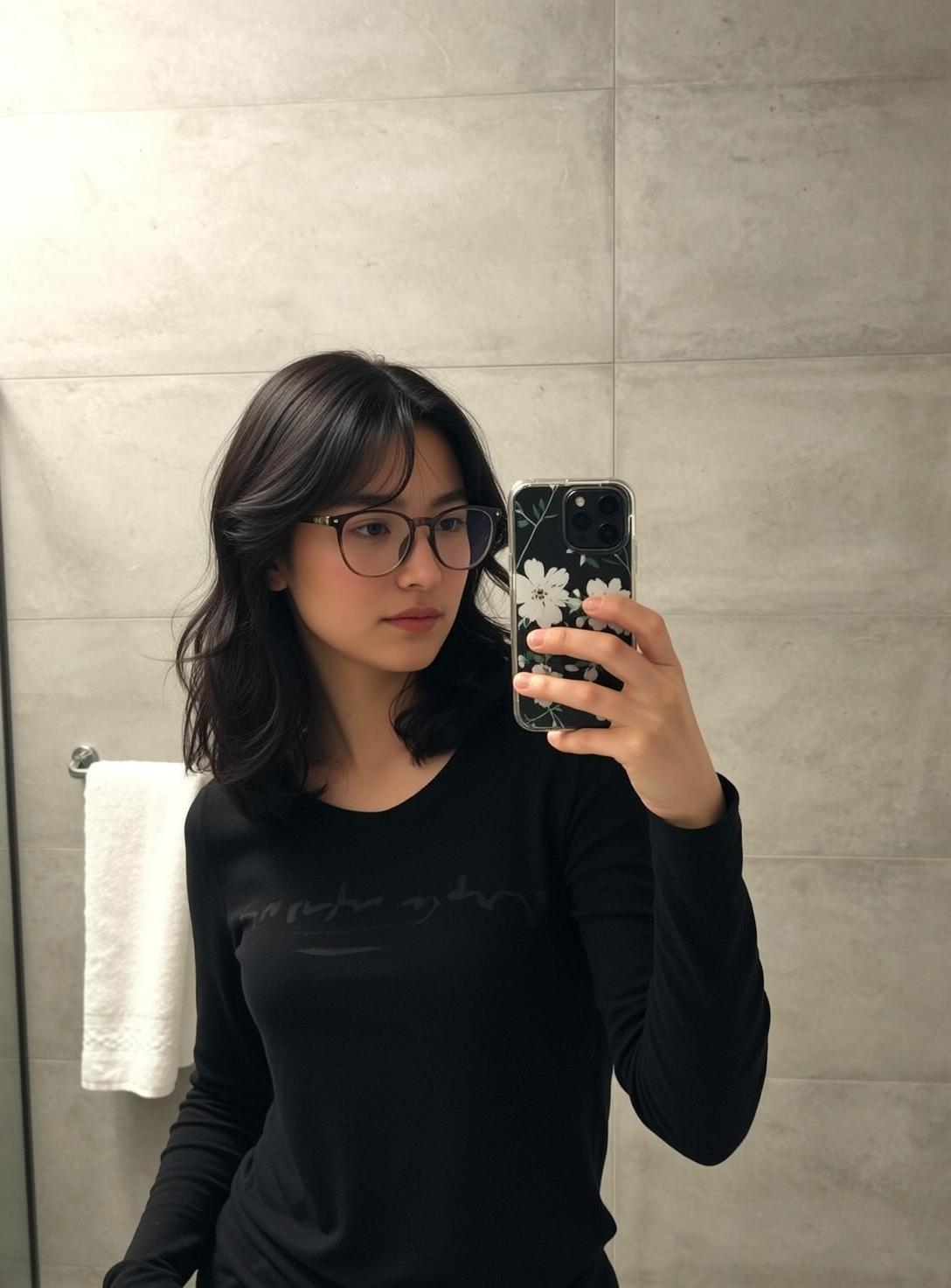 Bathroom Selfie Black T Shirt Round Glasses reference photo