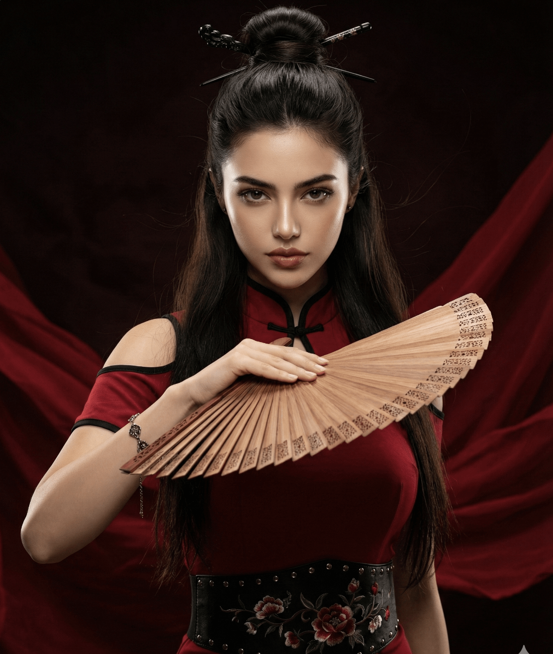 Red Dress Floral Fan Medium Shot reference photo