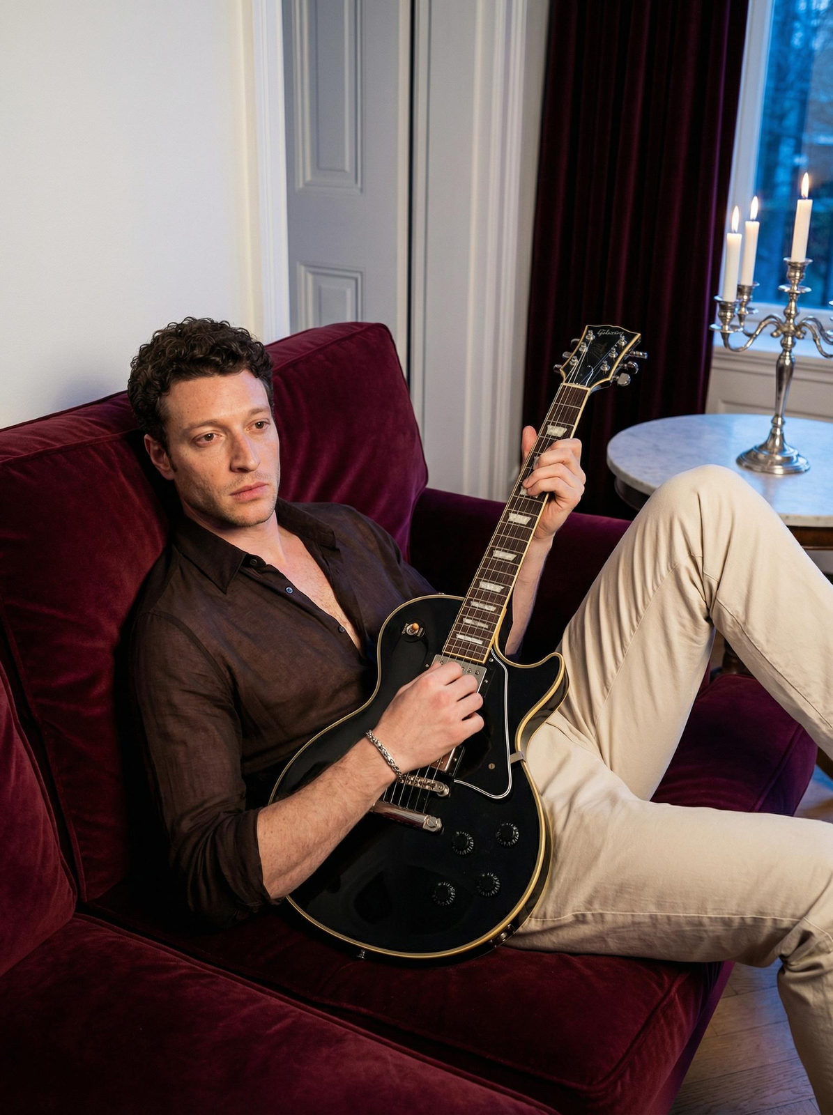 Man Sofa Electric Guitar Photorealistic