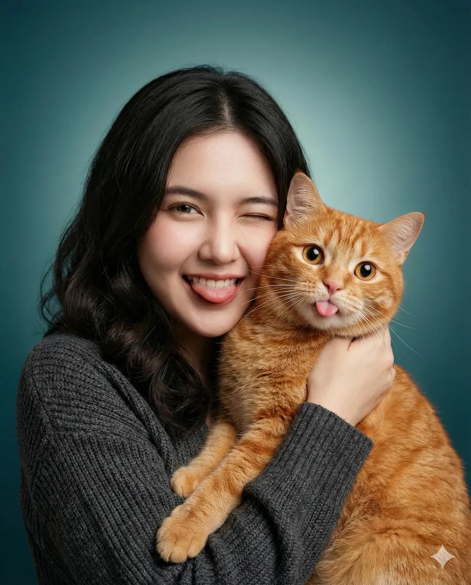 Realistic Woman Orange Cat Studio Portrait