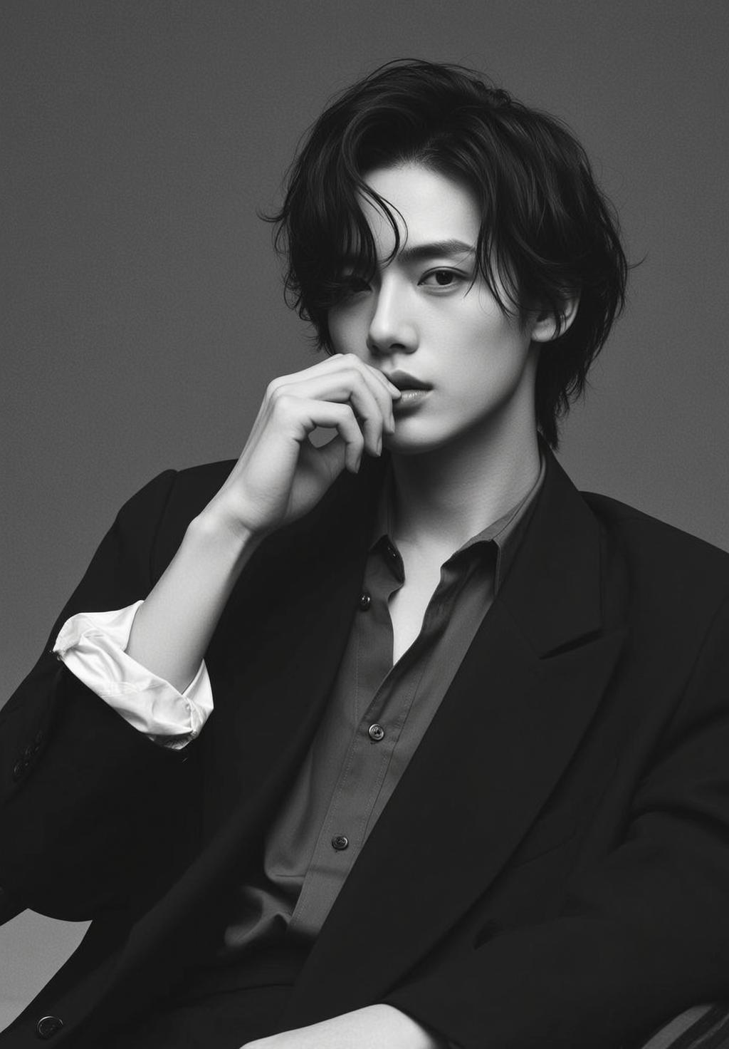 Photorealistic Black And White Portrait Young East Asian Man Captured reference photo