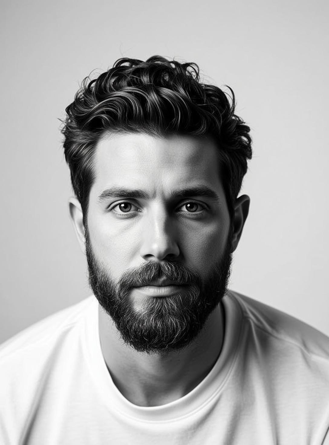 Headshot Photograph Black And White Shows Man With Dark Wavy reference photo