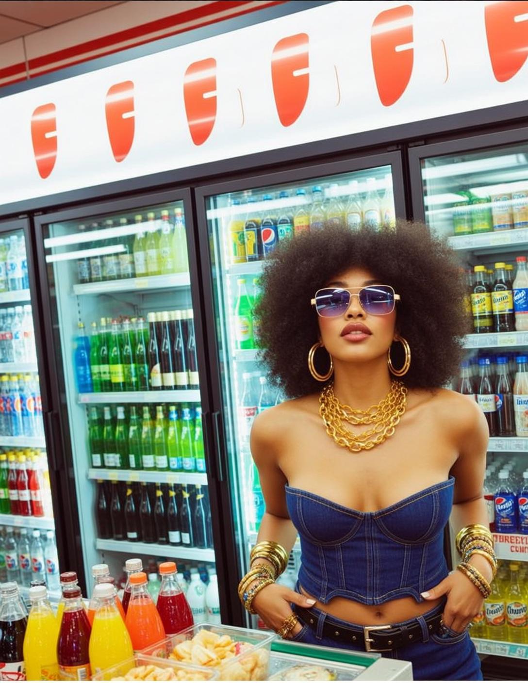 Denim Corset Convenience Store Aisle Confident Pose reference photo