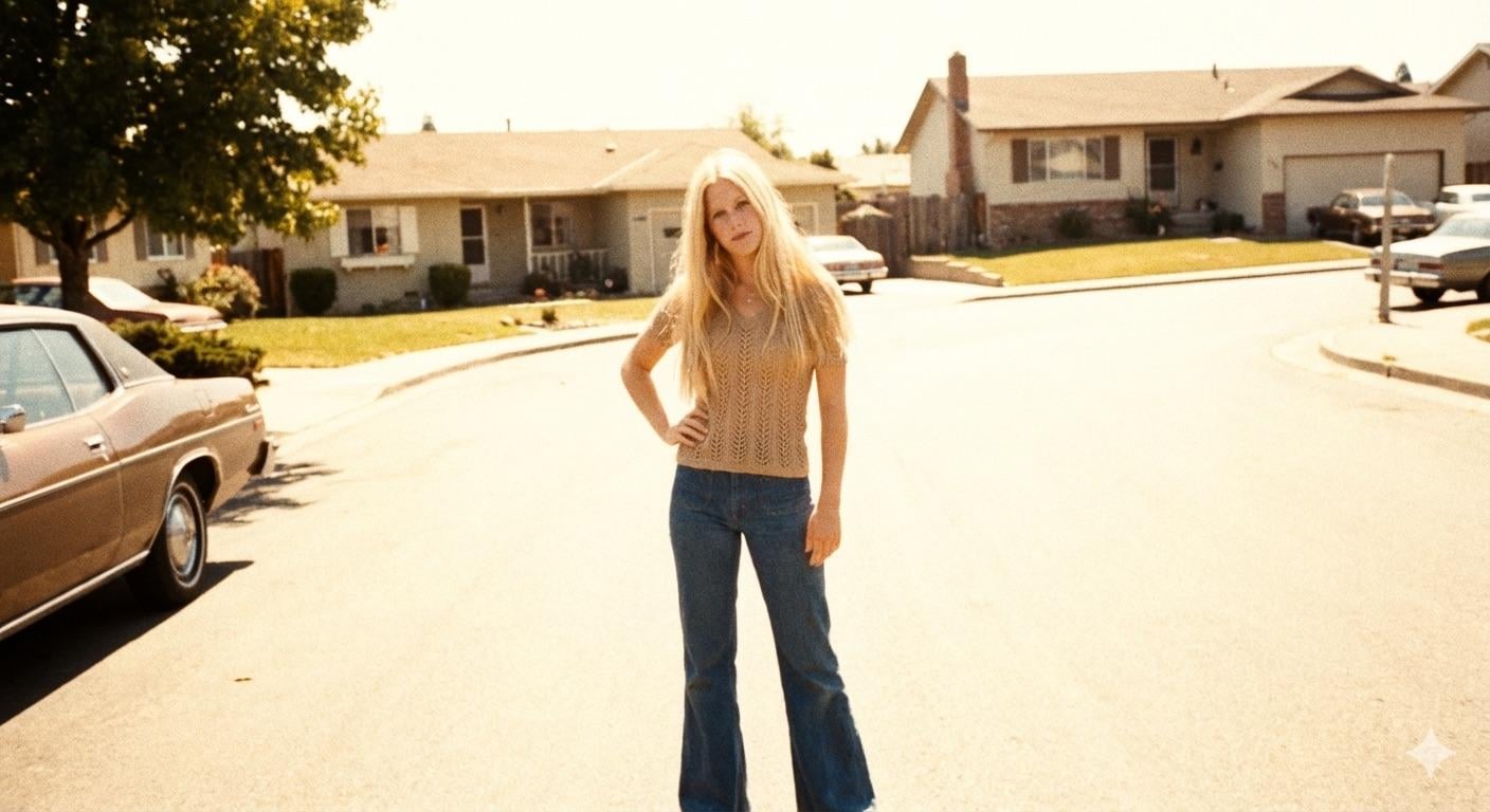 Suburban Street Woman In Crocheted Top And Denim
