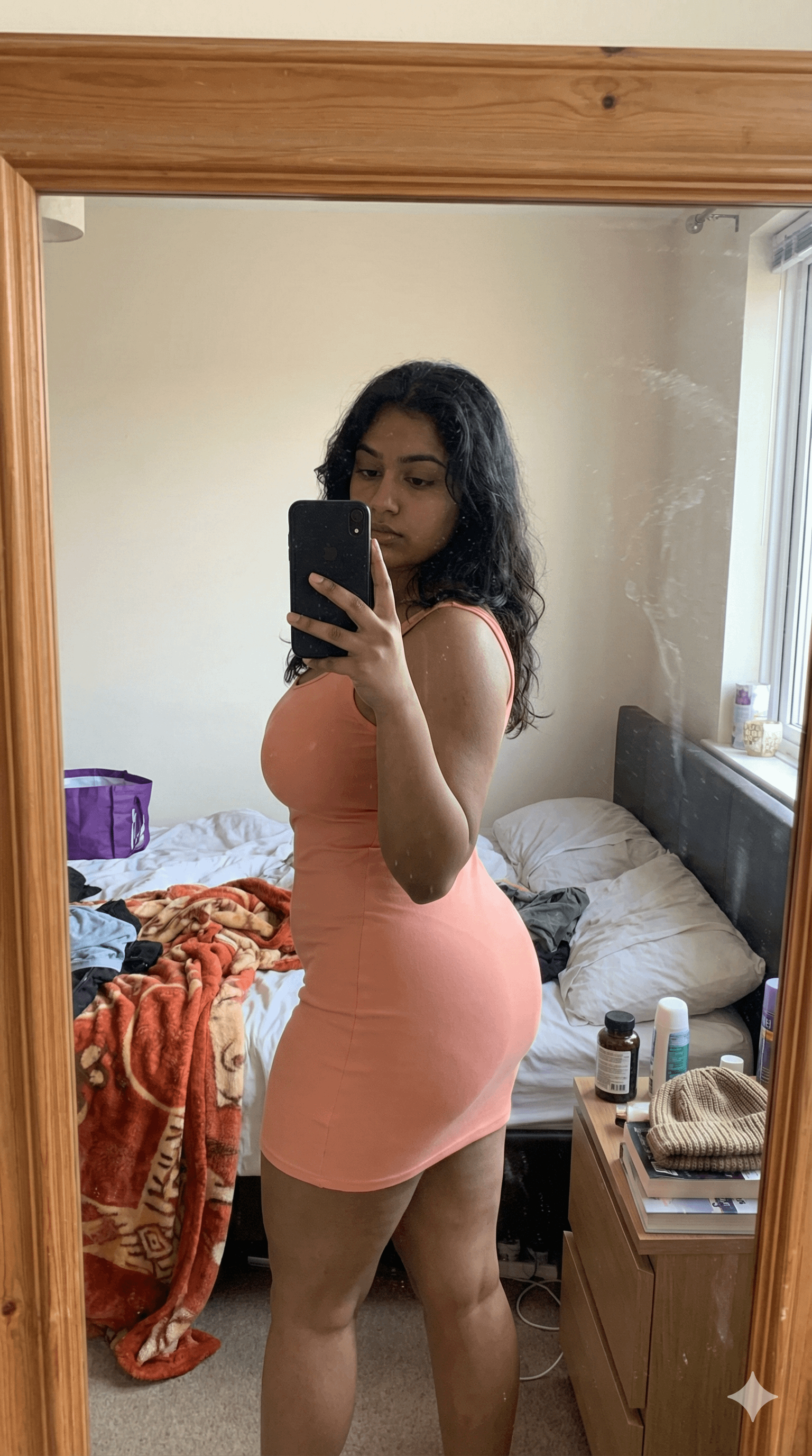 Peach Mini Dress Mirror Selfie Bedroom Scene