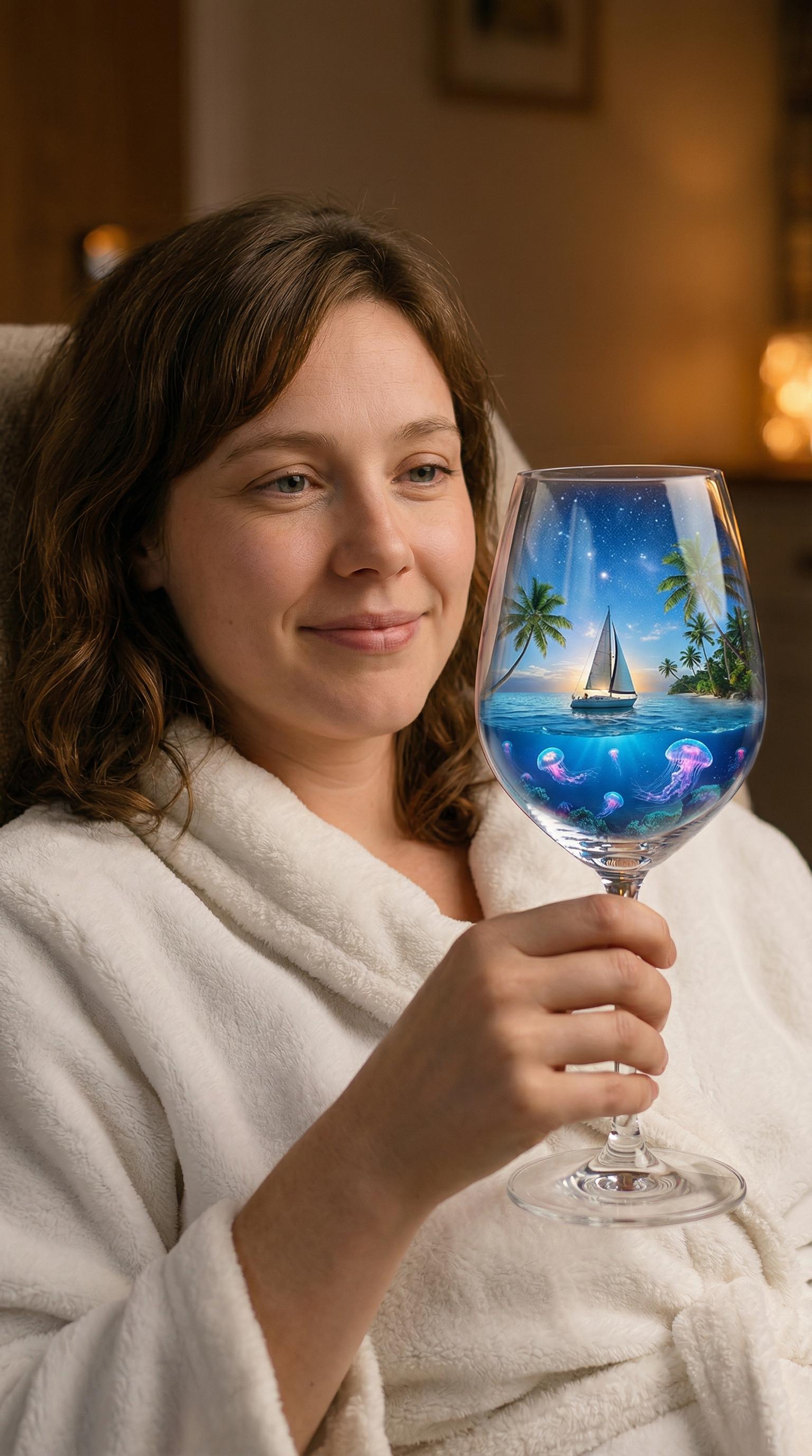 Reclining In Fluffy Robe With Wine Glass