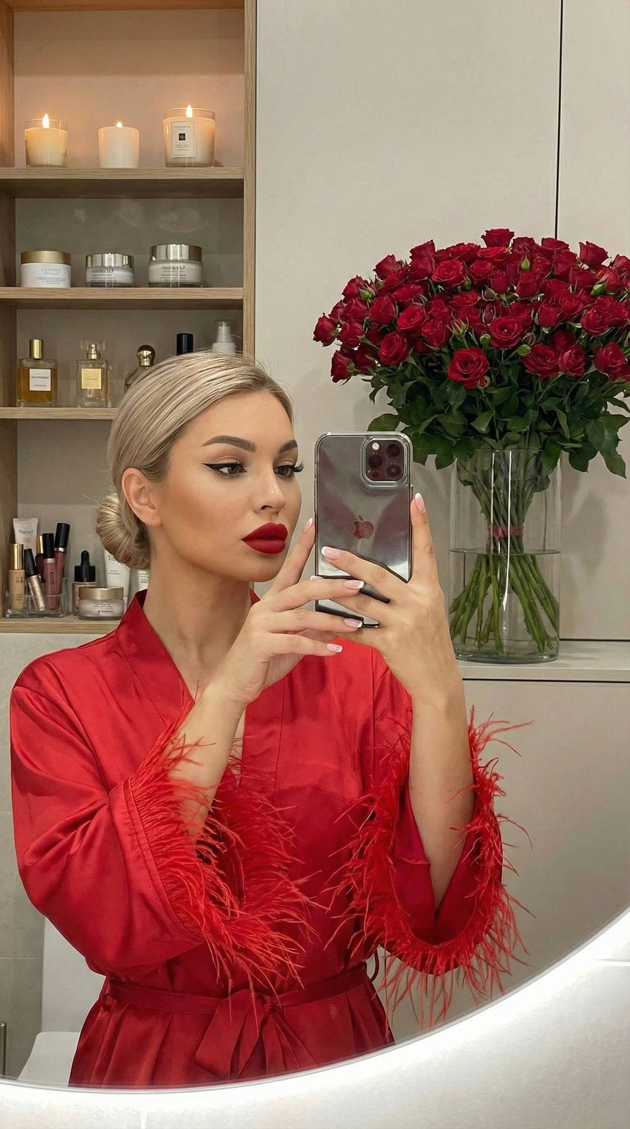 Red Satin Robe Bathroom Mirror Selfie