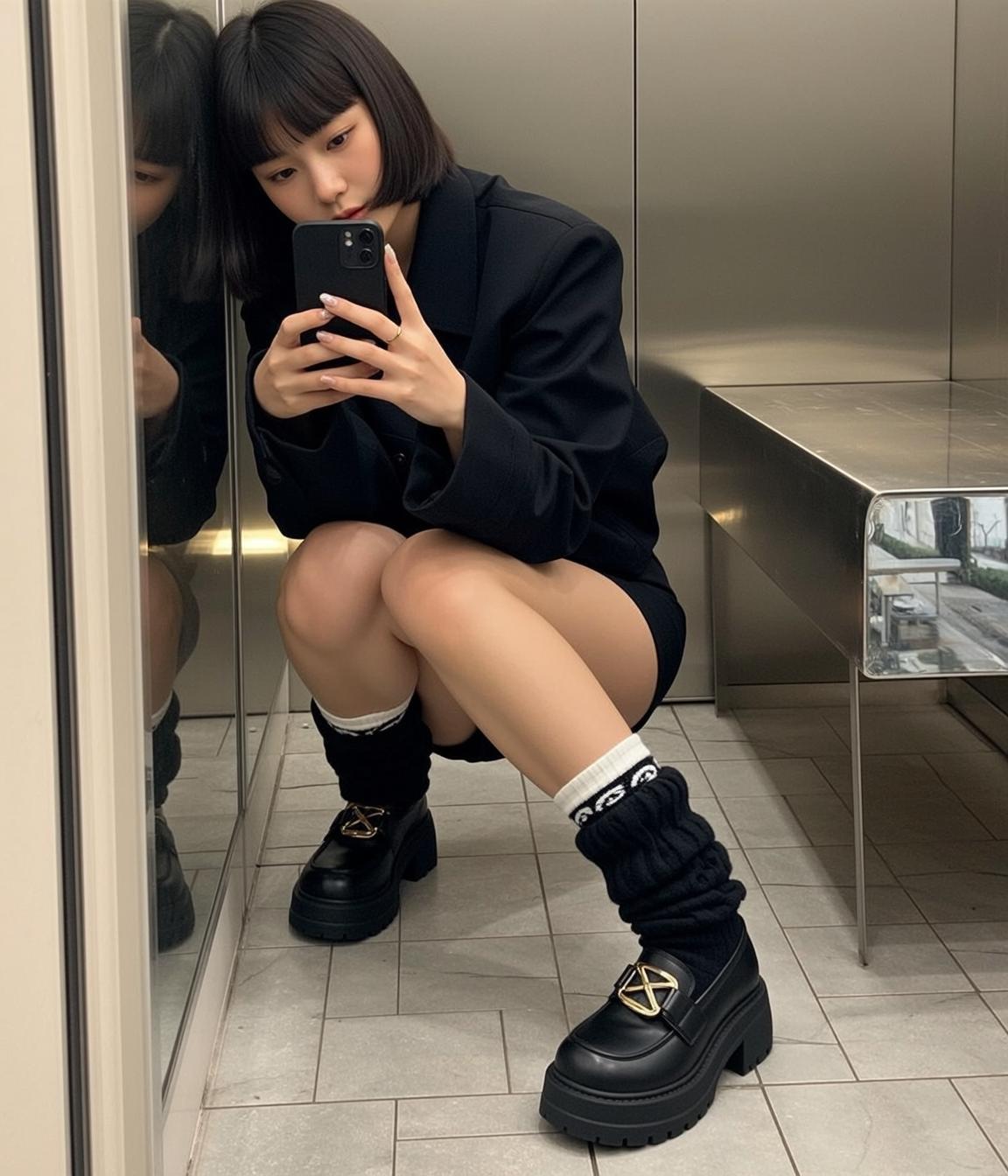 Black Shorts Fitting Room Selfie reference photo