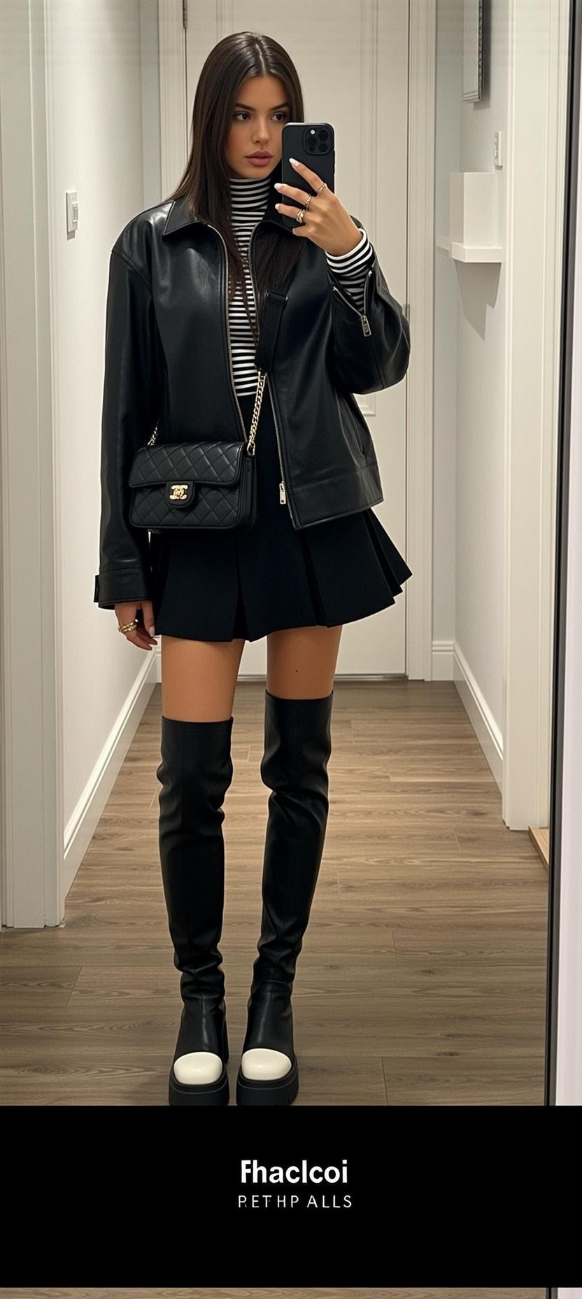 Baddie Full-body Captures Standing Hallway Holding Smartphone reference photo