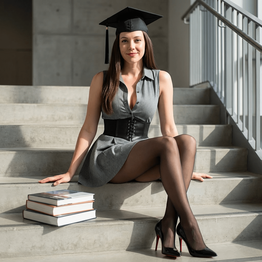 Confident woman in graduation cap seated on modern concrete stairs, wearing a stylish grey top and black corset belt, with textbooks beside her.