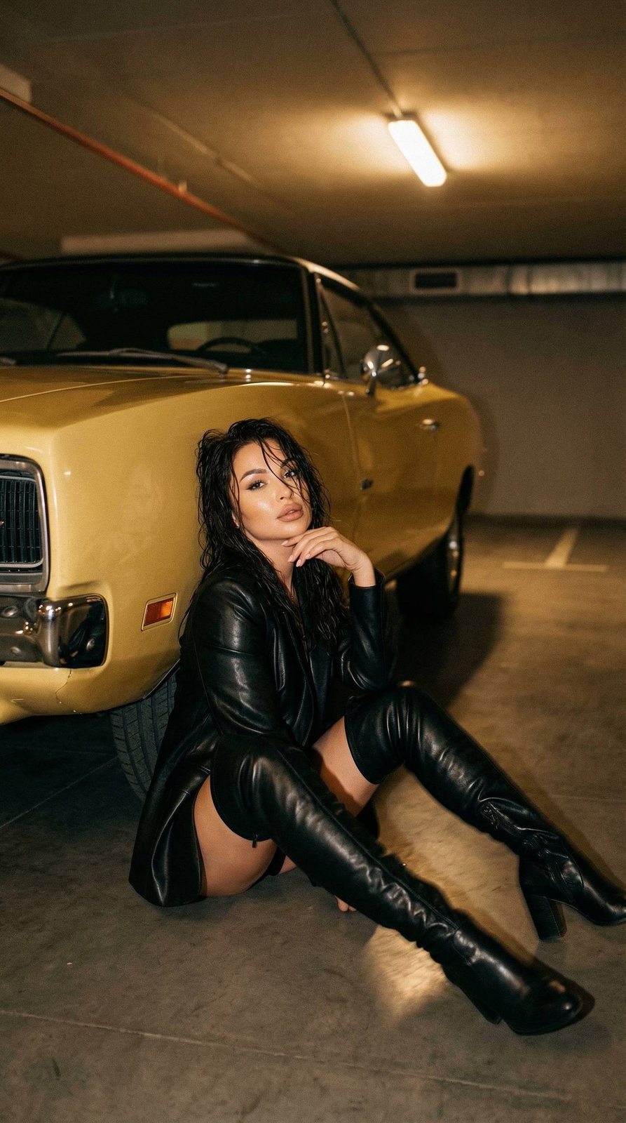 Woman Leather Boots Retro Car Parking Lot