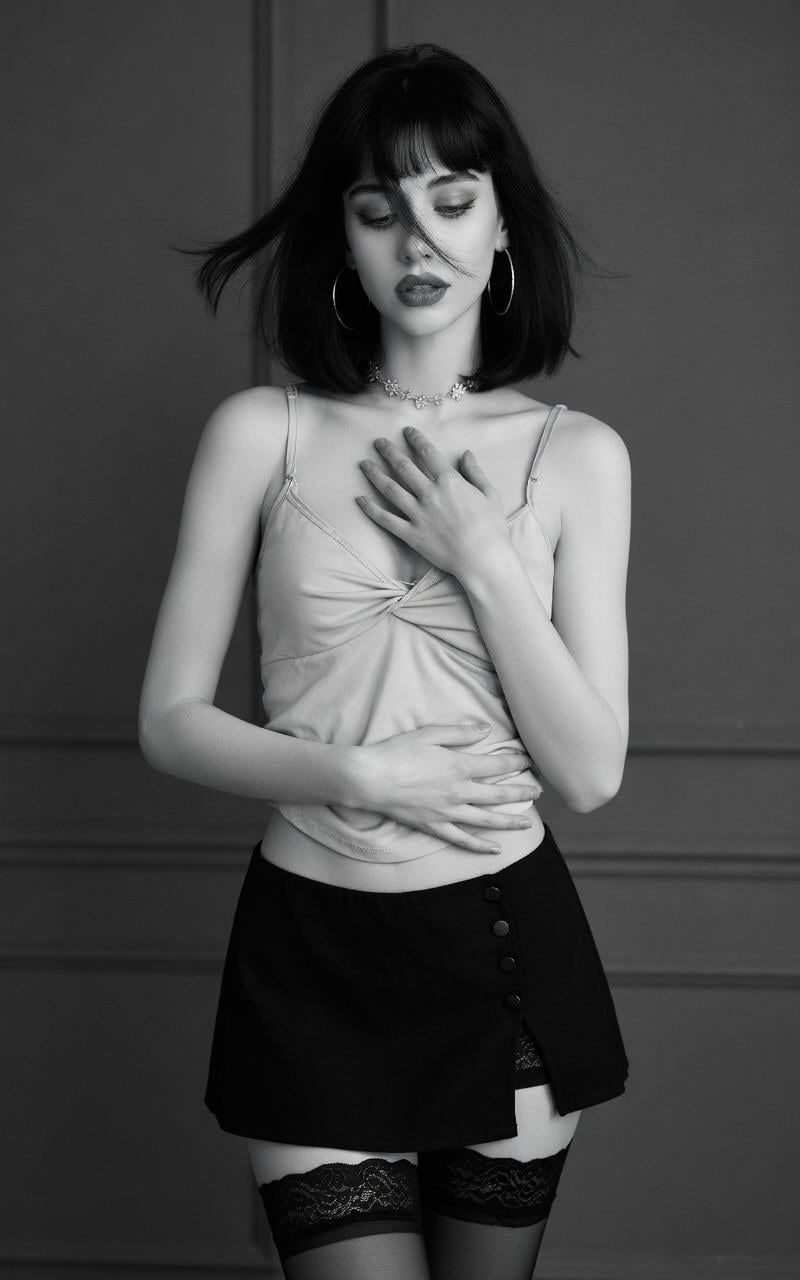 Black Bob Windswept Bangs Red Lips