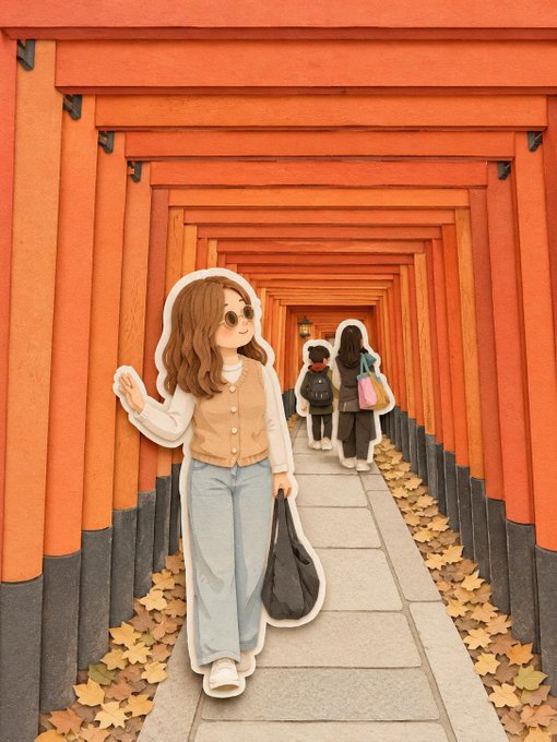 A woman in a paper diorama walking through a torii gate tunnel with autumn leaves.