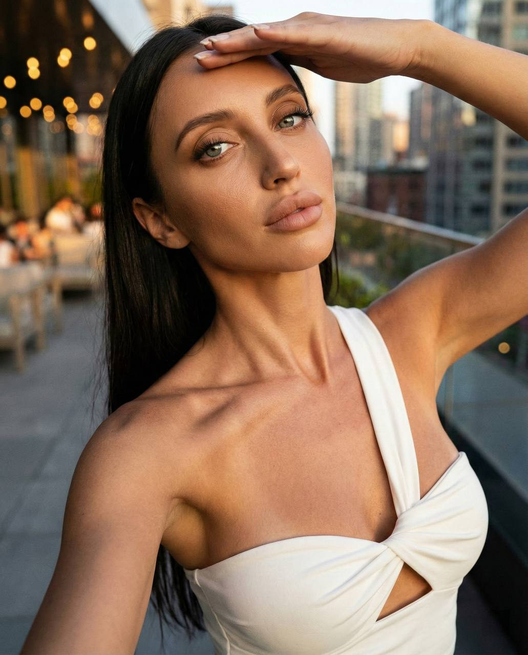 Female Golden Hour City Terrace Selfie