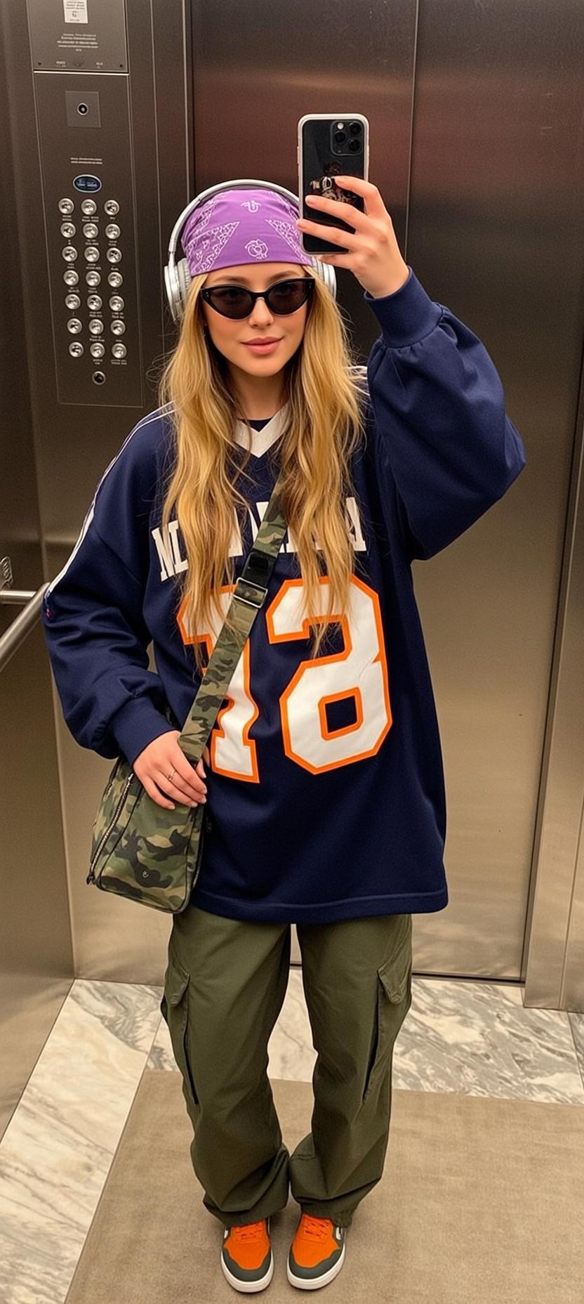 Blonde Woman Selfie Elevator Olive Cargo Pants reference photo