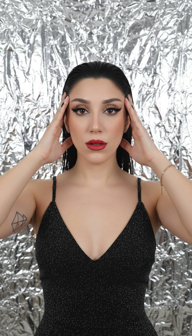 A hyper-realistic portrait of a woman with dark hair styled back, wearing a deep V-neck top, in front of a reflective silver metallic background.