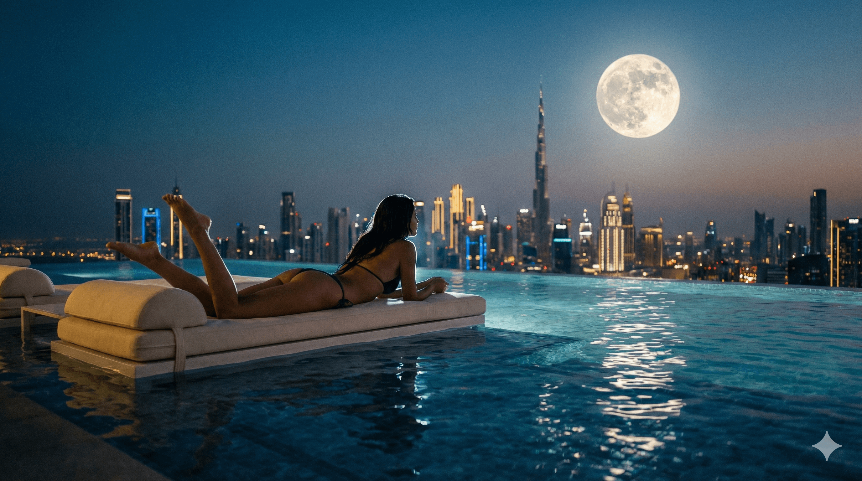 Dubai Rooftop Pool Dusk Cinematic Realism
