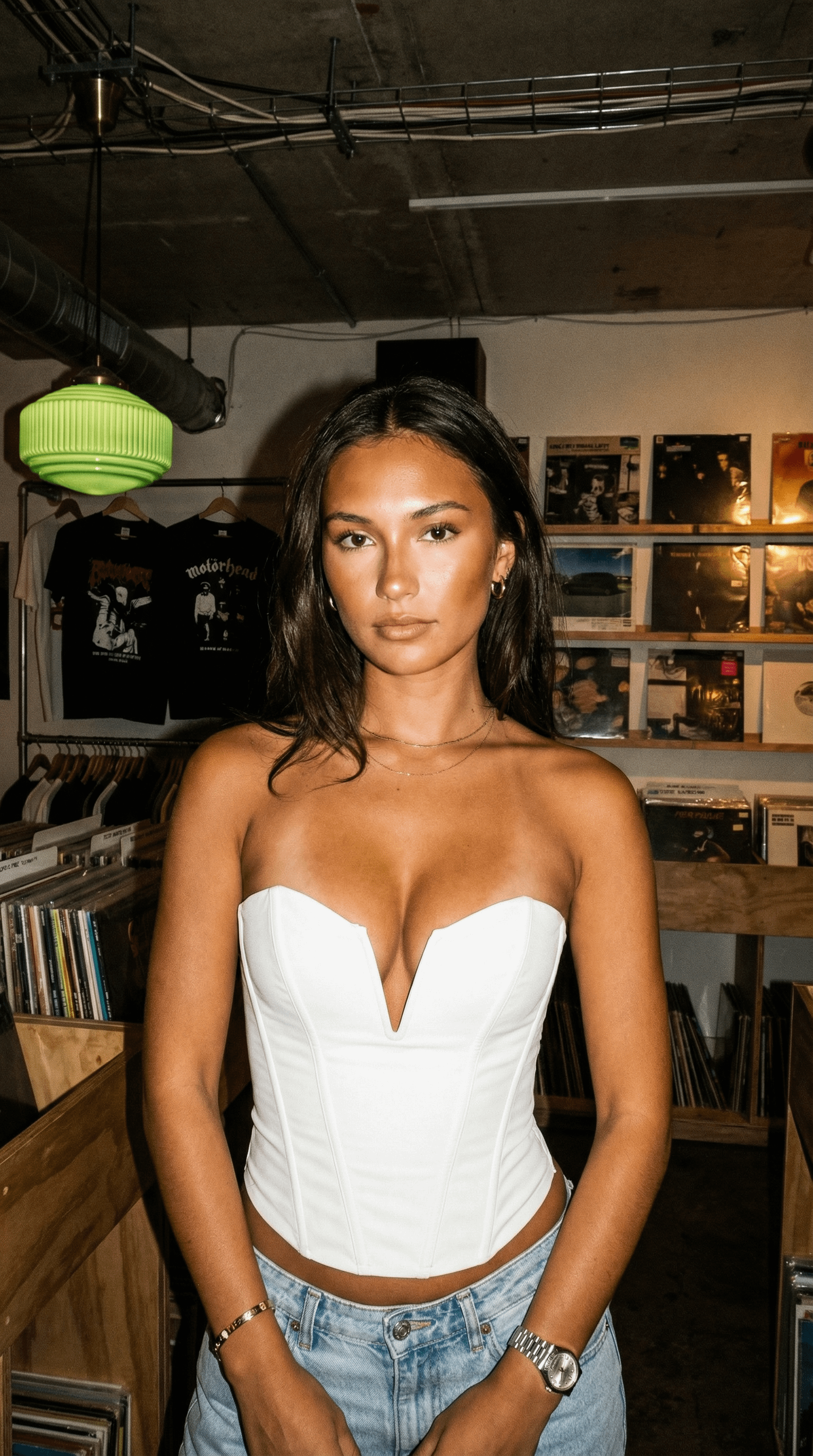Record Store Flash Portrait White Corset Denim Jeans