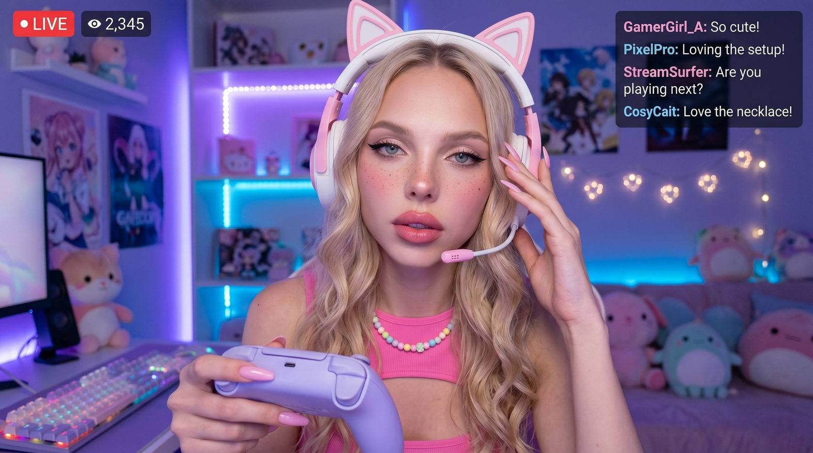 Gamer Girl Desk Cozy Neon Lights Webcam Shot
