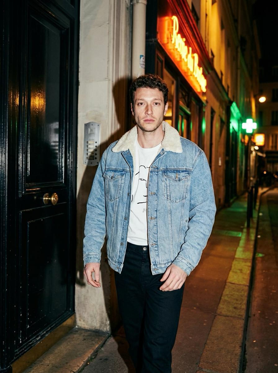 Man Walking Narrow City Street Night Photorealistic