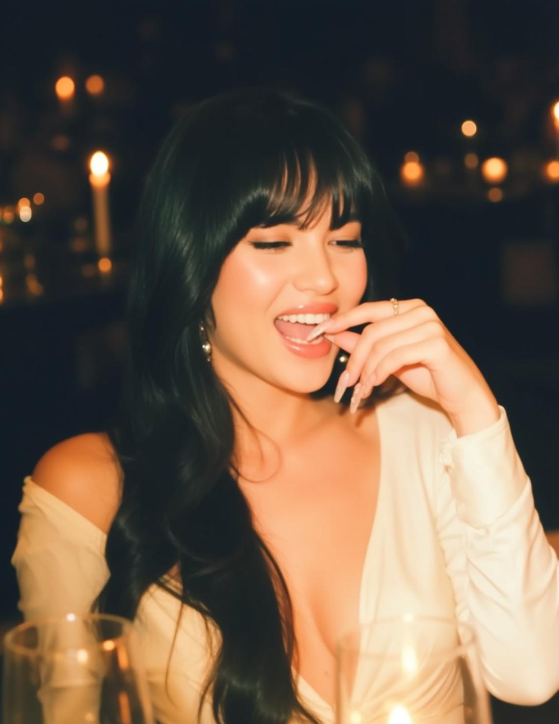 Laughing Woman Candlelit Wine Glass Cinematic reference photo