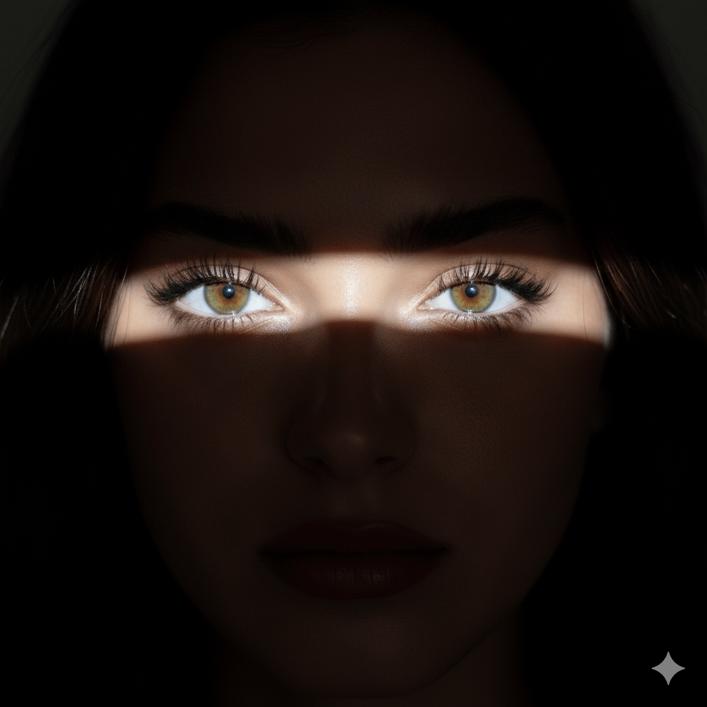 Close-up portrait with dramatic chiaroscuro lighting and sepia tones, featuring sharp contrast between light and shadow.