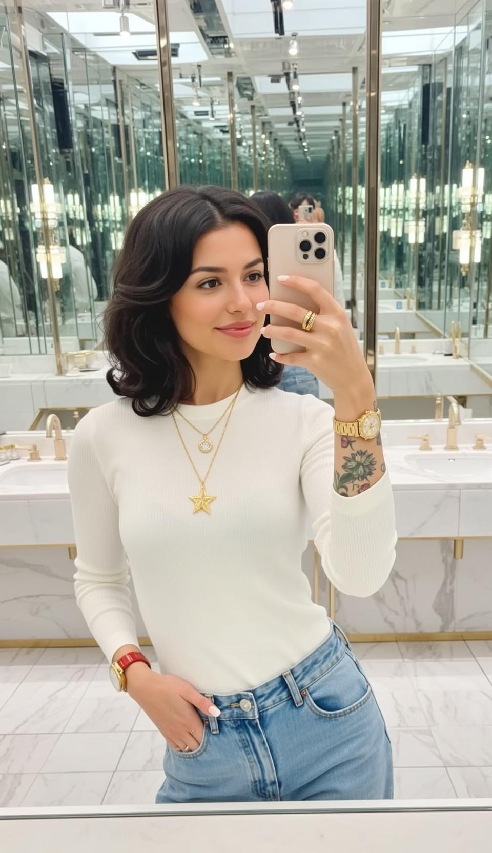 Explore Taking Selfie Well-lit Mirrored Bathroom Holding reference photo