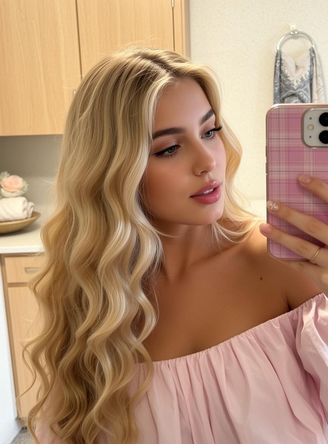 Explore Taking Selfie Bathroom Holding Pink Plaid reference photo