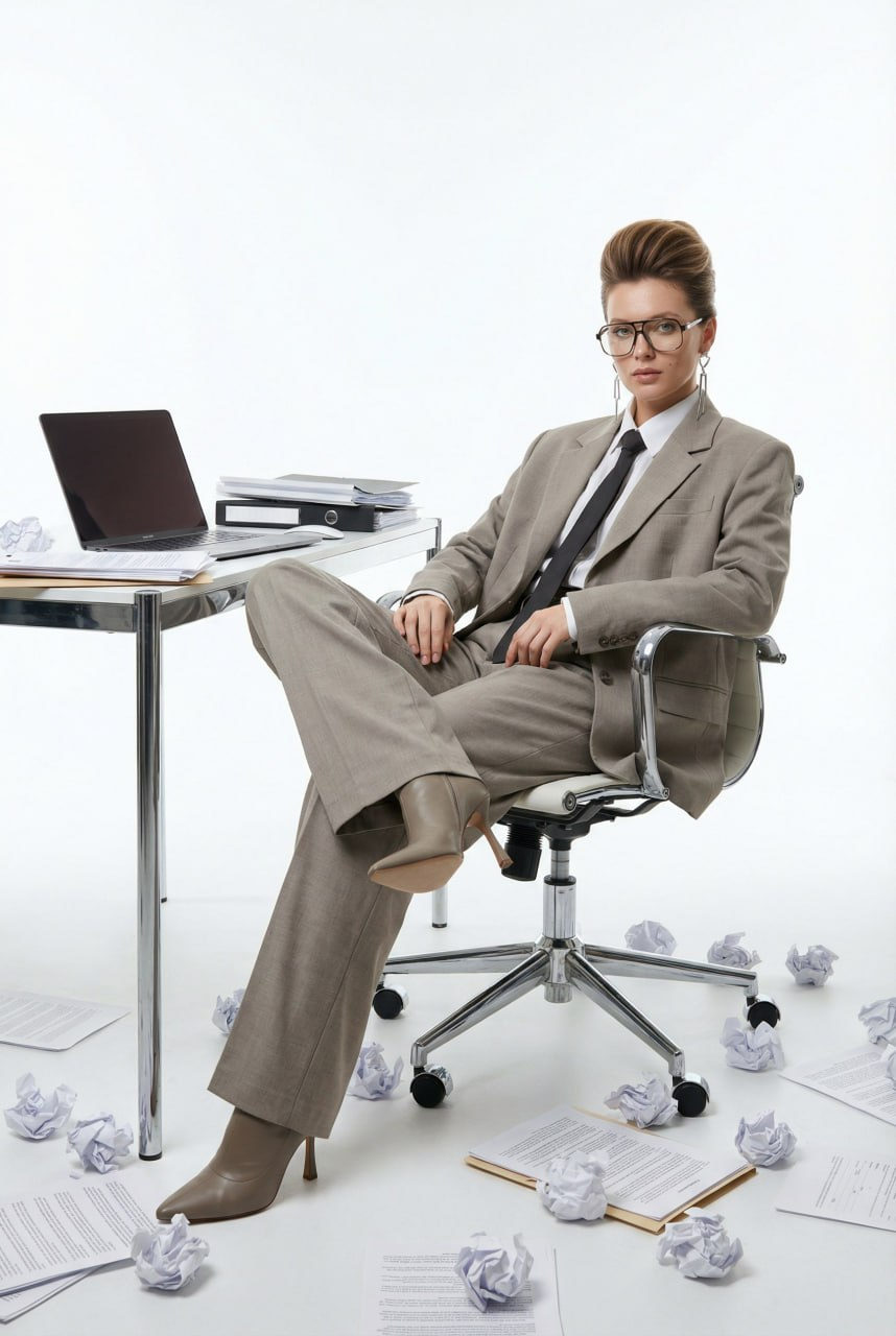 Realistic Woman Office Chair Desk Paper