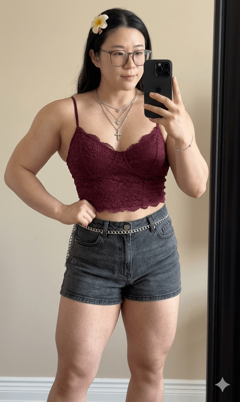 A woman in a maroon lace bralette takes a selfie in front of a mirror, wearing grey denim shorts and square-framed glasses.