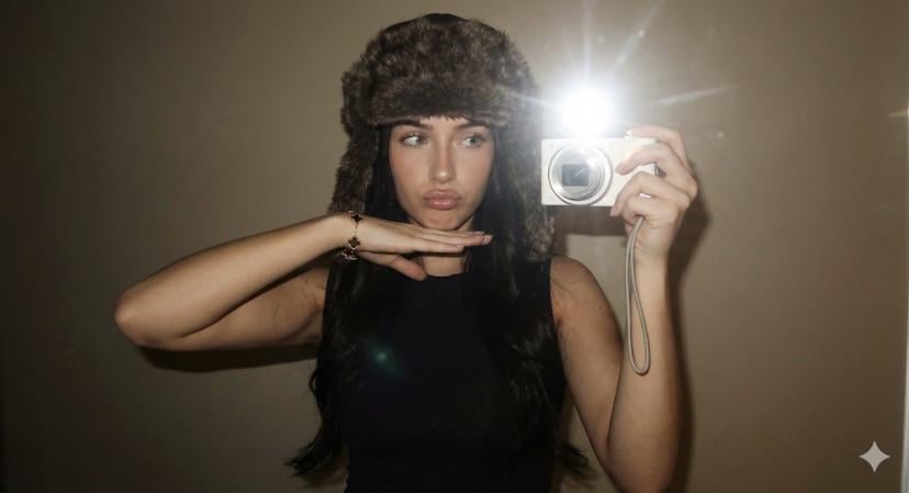 Faux Fur Hat Mirror Selfie Beige Wall Camera Flash