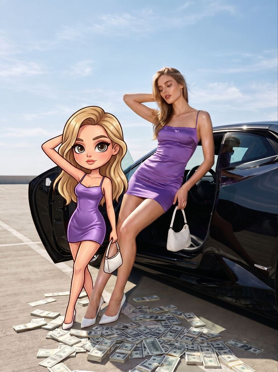 Street Scene Mixed Media Cartoon Chibi Character