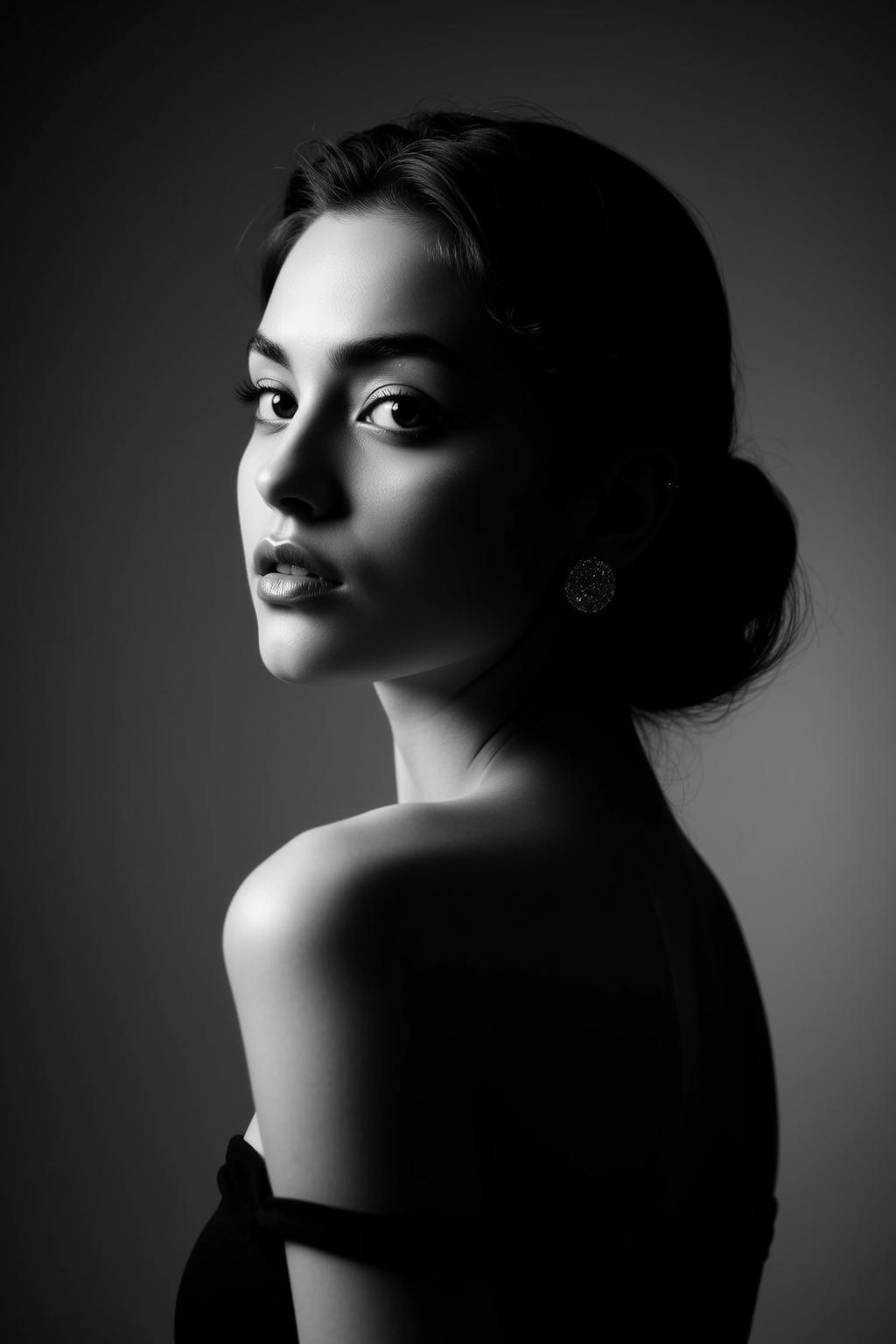 Black And White Portrait Young Woman Posed Looking Over Her reference photo