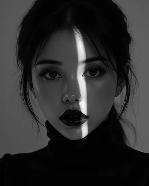 A striking east asian woman in dramatic high-fashion portrait, flawless skin and intense cat-eye makeup under sharp lighting.