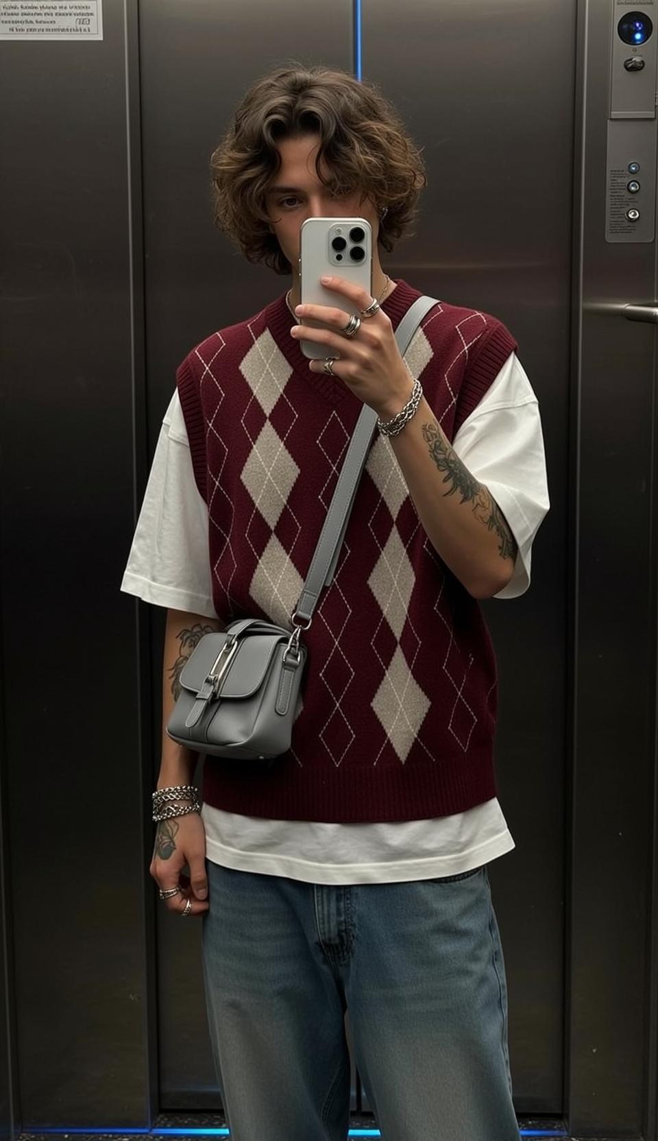 White Sweater Wavy Hair Mirror Selfie reference photo