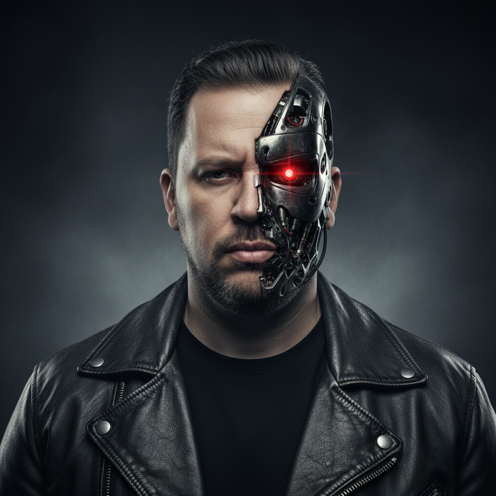 A somber portrait of a male figure with half cybernetic face, glowing red eye, and wearing a black leather jacket against a dark, smoky background.