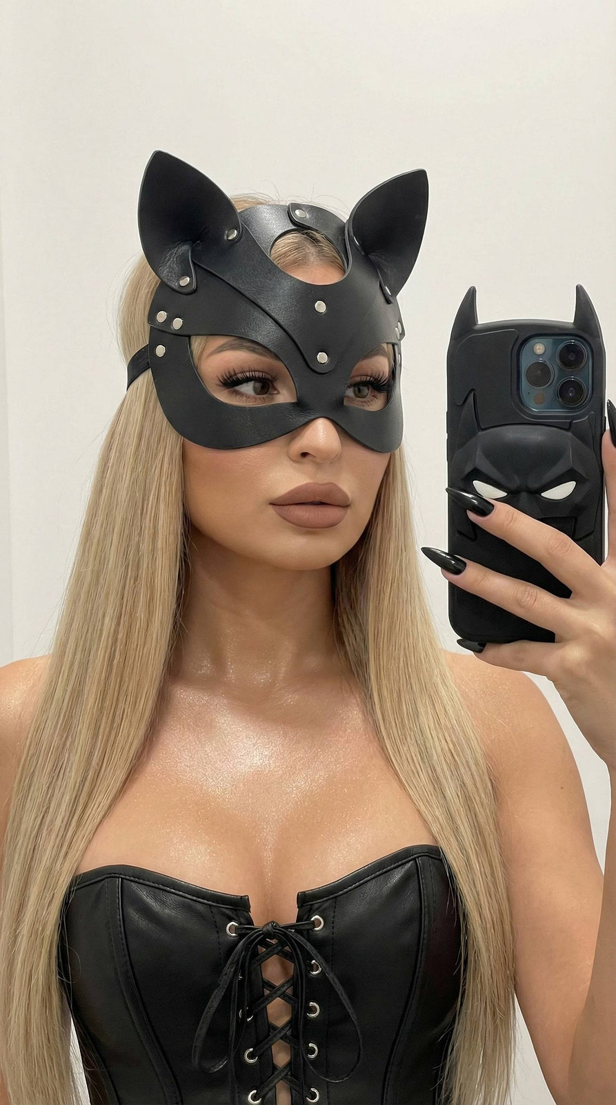 Girl Mirror Selfie Black Leather Mask