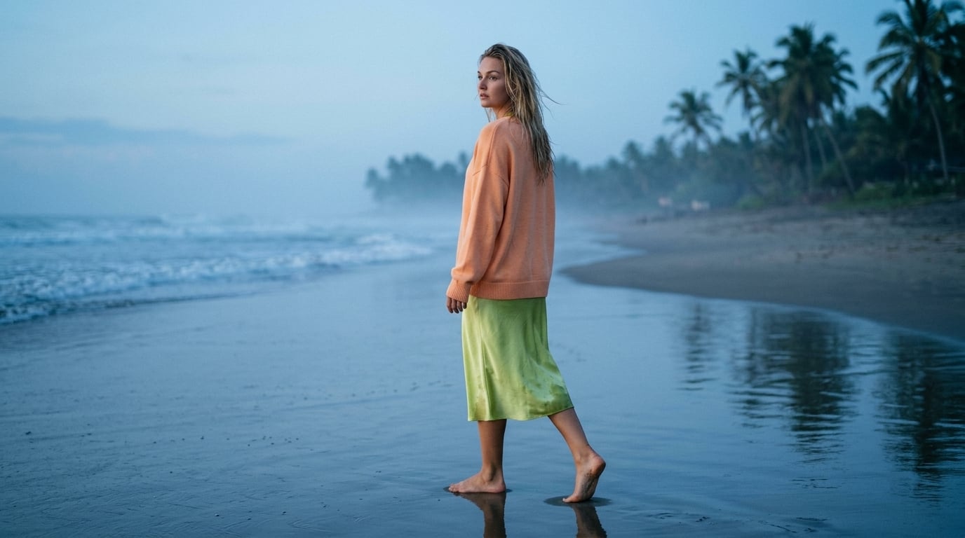 Woman walking barefoot on a wet sandy beach, wearing a peach sweater and lime-green skirt at dusk.