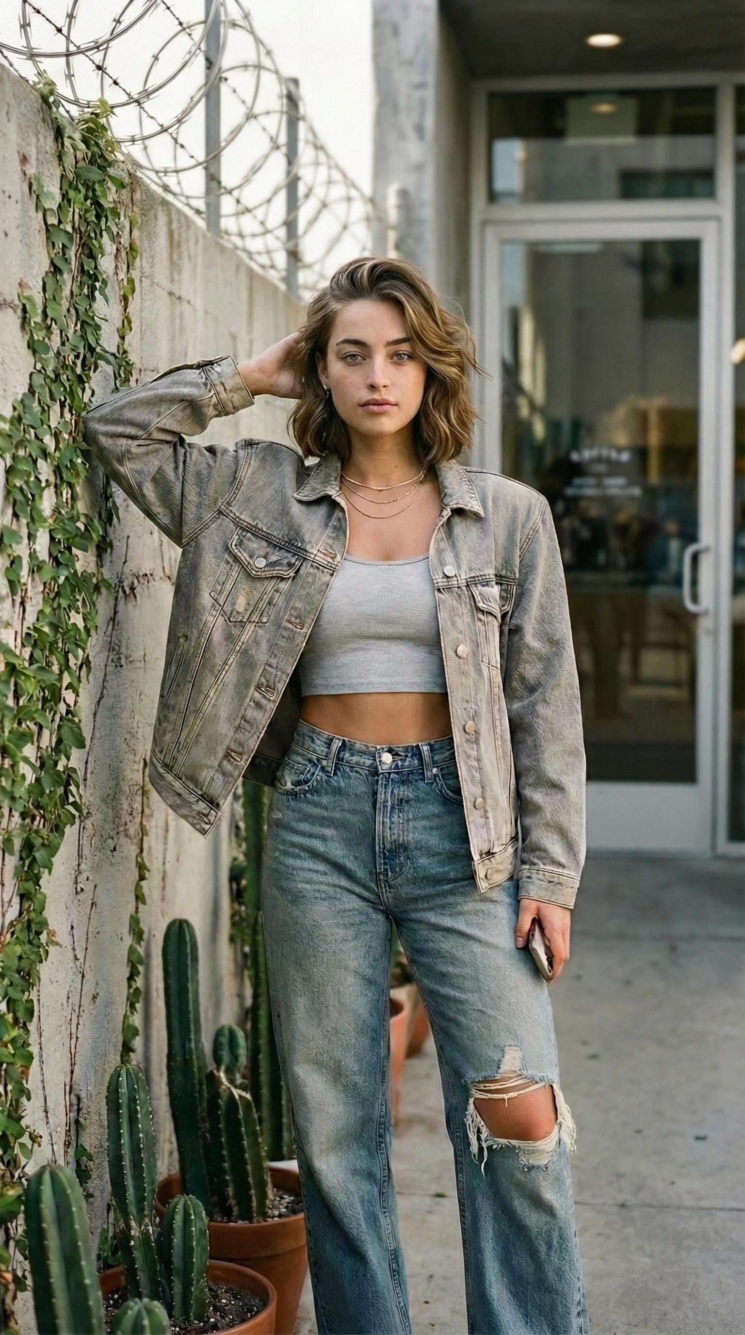 Urban Cafe Corridor Vertical Portrait Washed Grey Denim