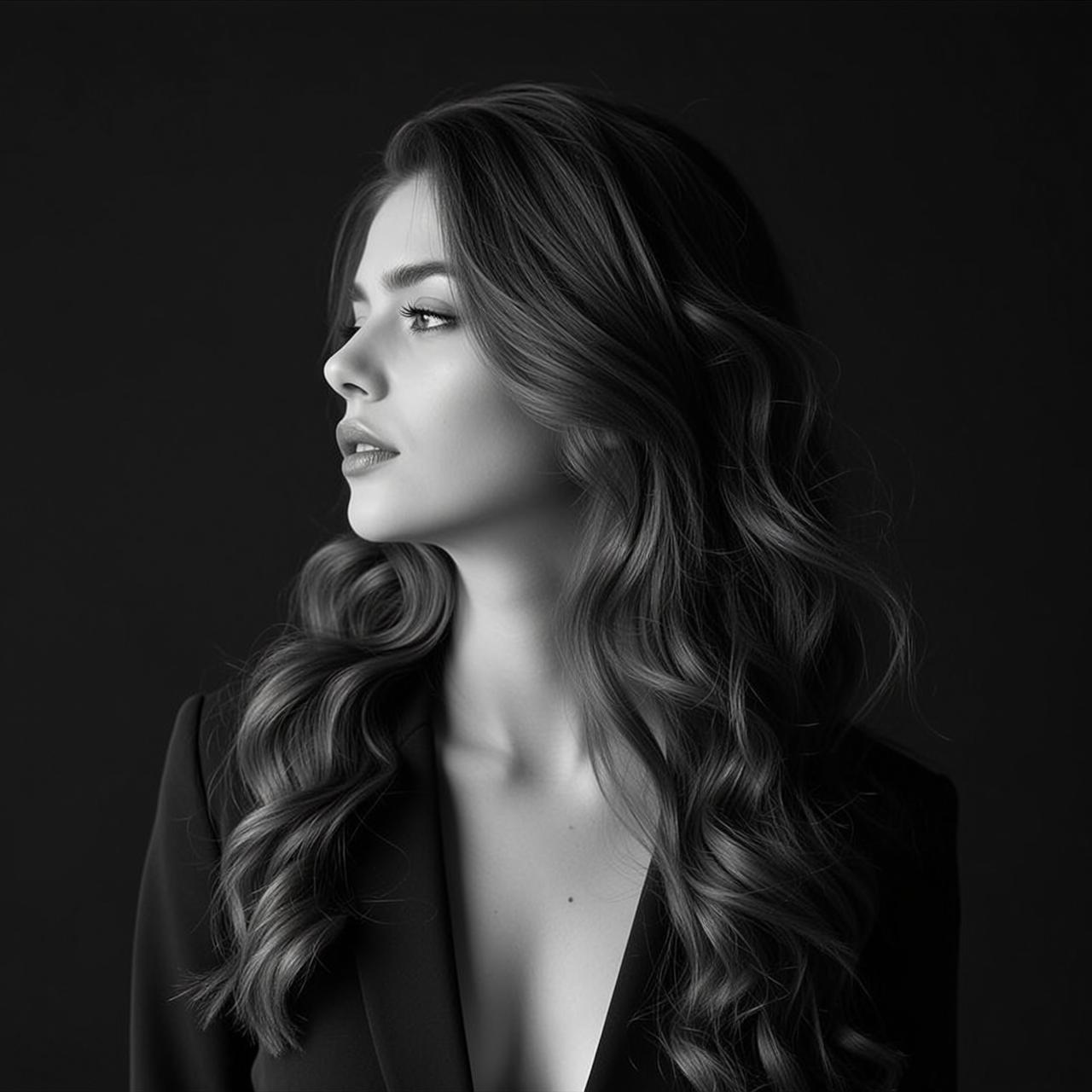 Photorealistic Black And White Portrait Young Woman Profile Facing Left reference photo