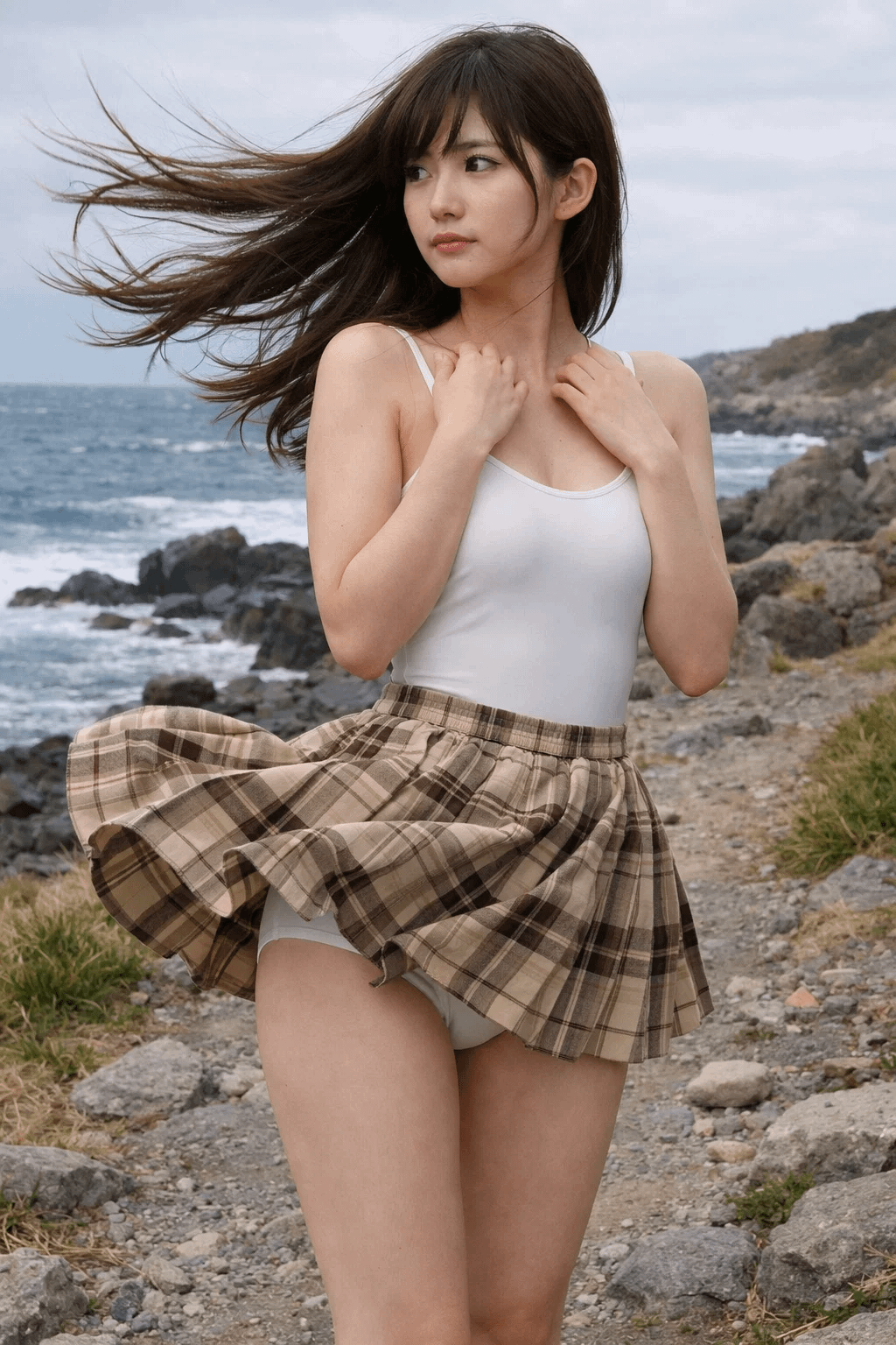 Windswept Rocky Coast Plaid Skirt Flyaways