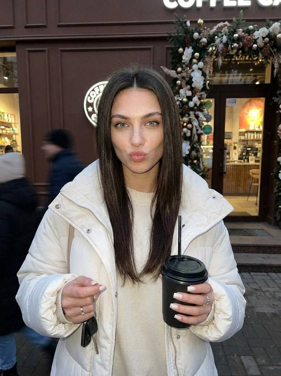 Realistic Evening Street Girl Coffee Shop